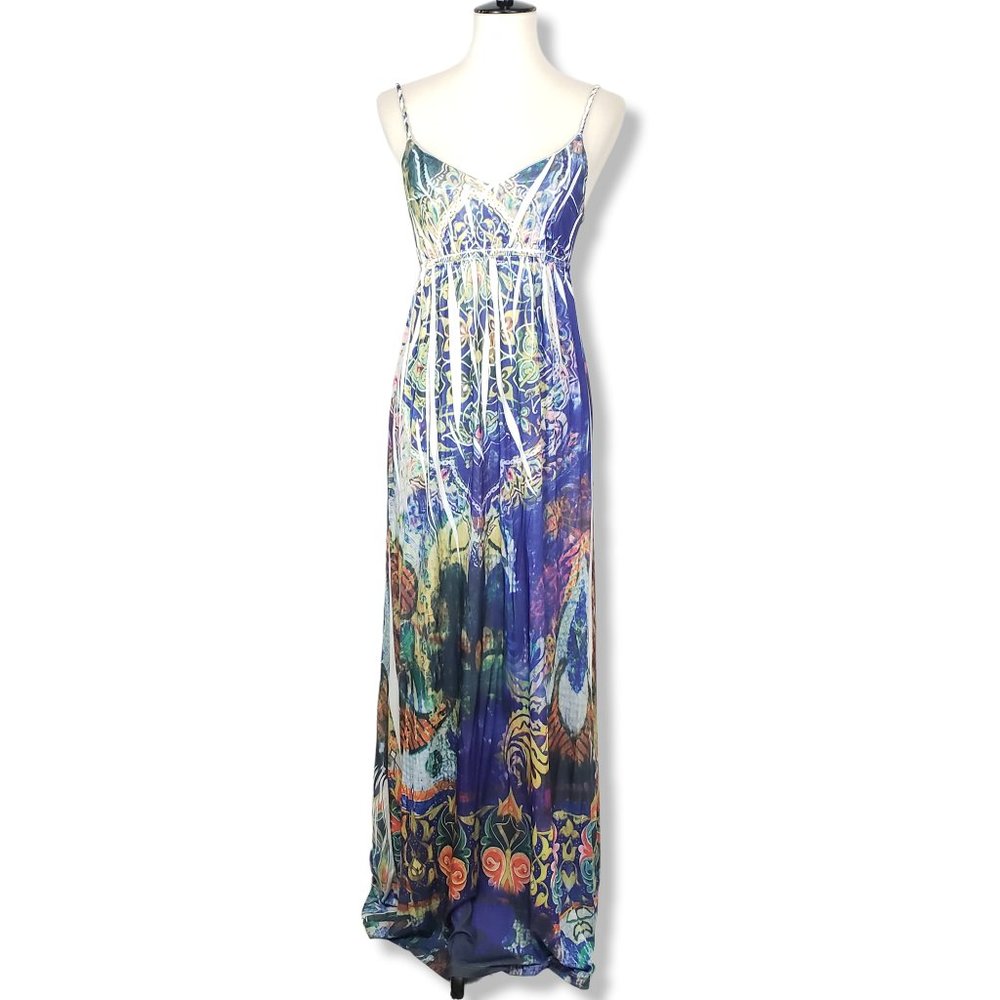 Celle Boho Art Deco Multicolored Spaghetti Strap Maxi Dress Size Medium